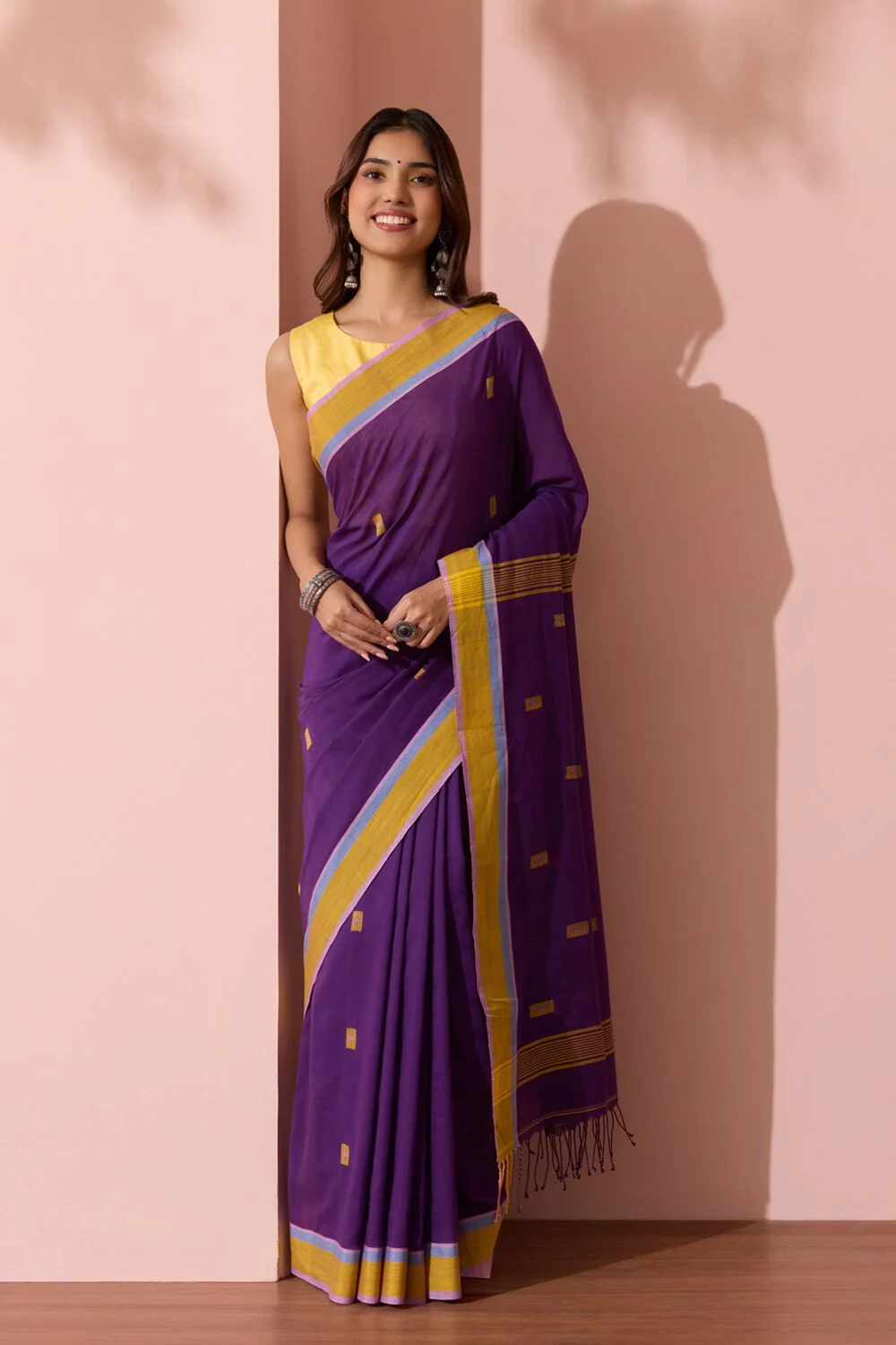 Dark Violet Woven Pure Cotton Bengal Saree with Unstitched Blouse Piece